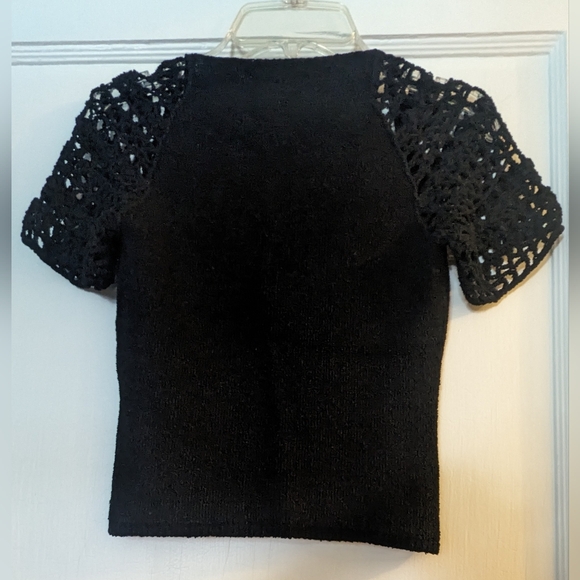 Vintage Lianne Barnes Dressy Stretchy Knit Crop Top W/ Crochet Short Sleeves. - Picture 5 of 9